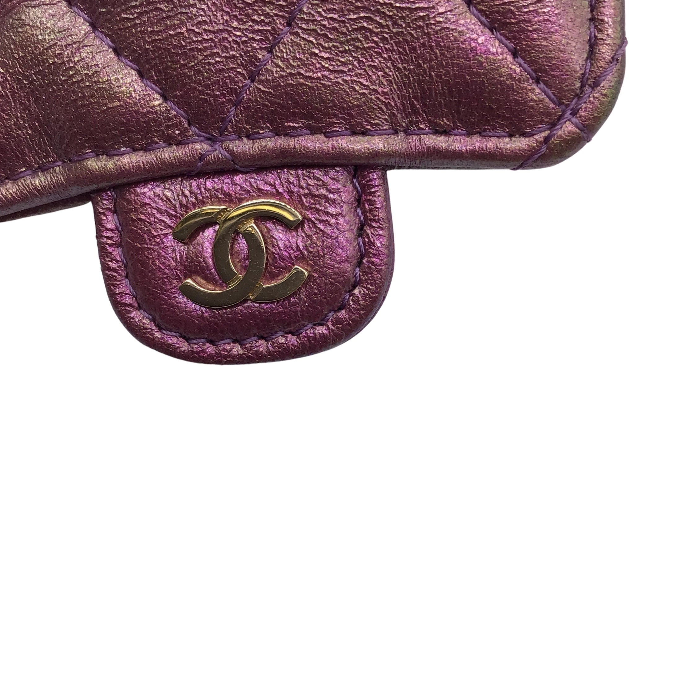Chanel Purple / Light Gold CC Logo Chain Strap Quilted Iridescent Lambskin Leather Airpods Pro Case / Handbag