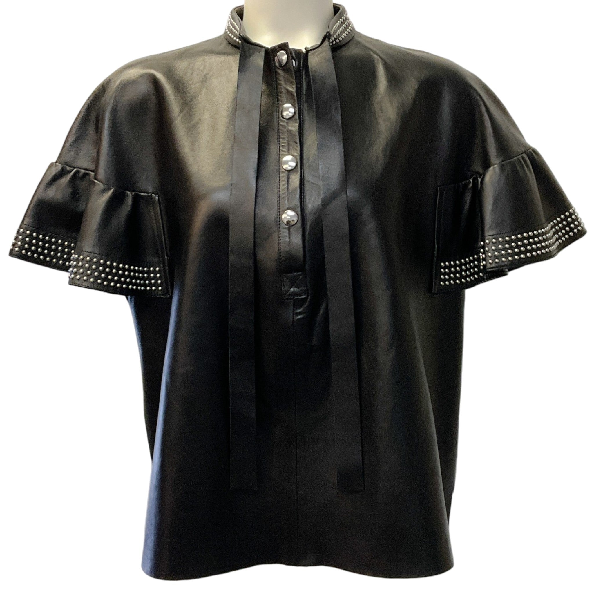 RED Valentino Black Leather Short Sleeve Top with Silver Studs
