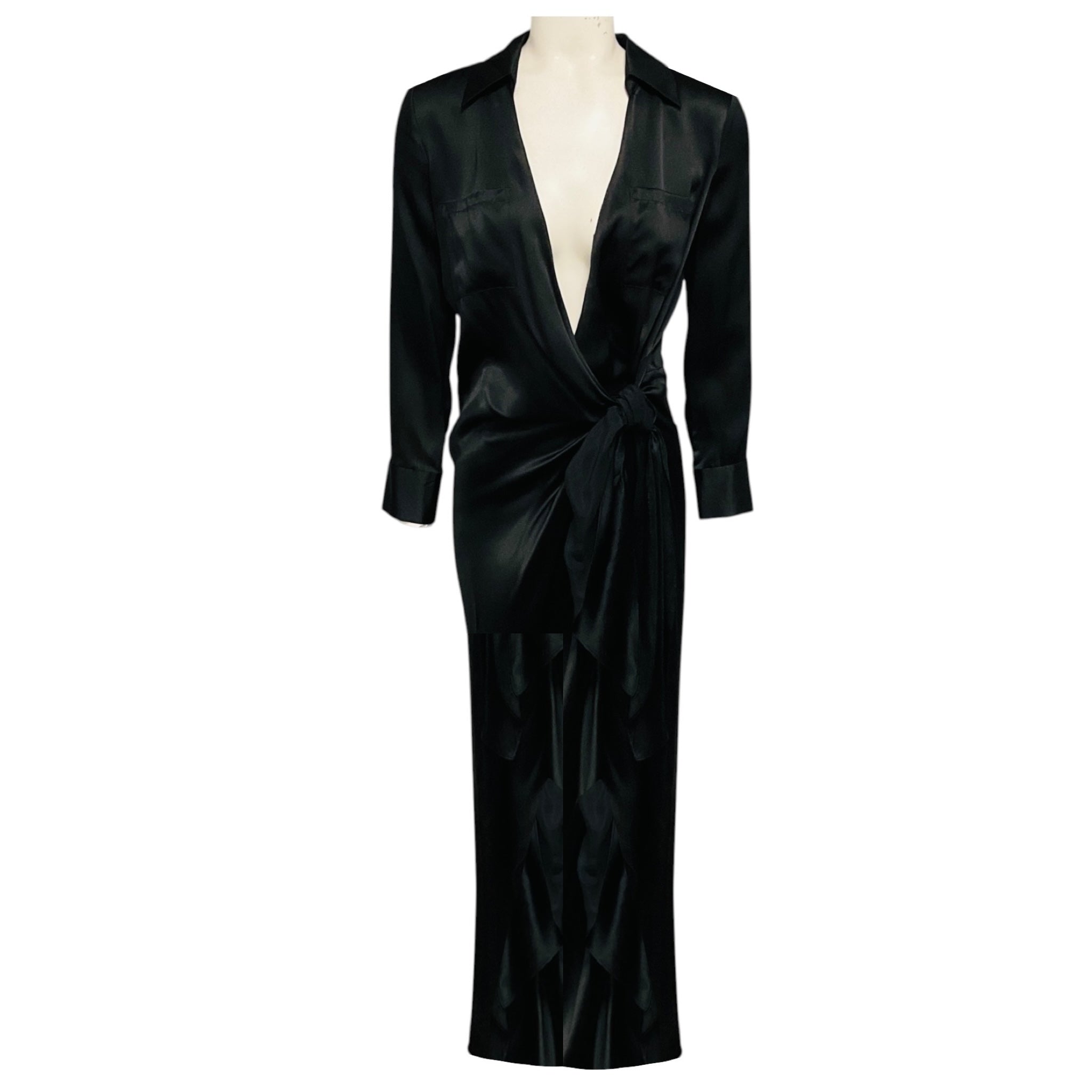 L'Agence Black Kadi Long Silk Wrap Dress