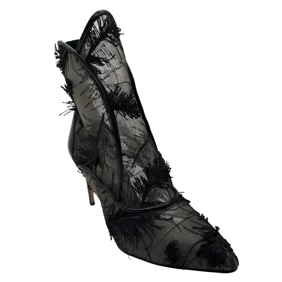 Zac Posen Black Sequined and Embroidered Mesh Tulle Lace Ankle Boots with Leather Trim
