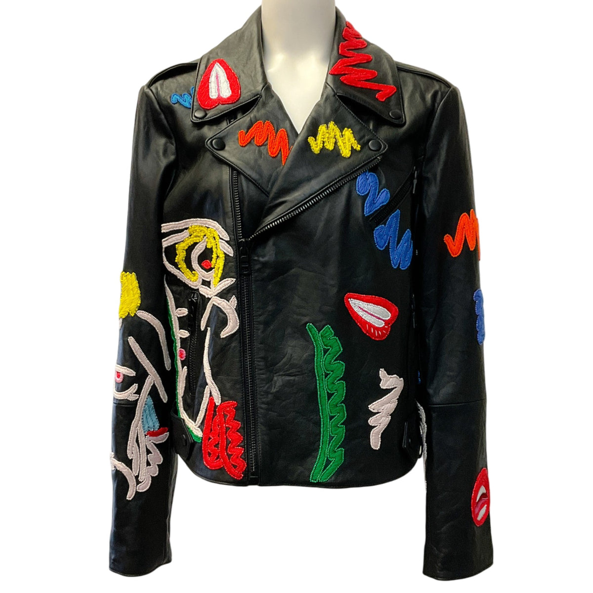 Alice + Olivia x Tom Wasselmann Black Leather Natural Beauty Moto Jacket
