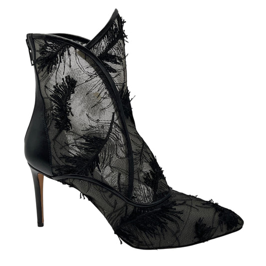 Zac Posen Black Sequined and Embroidered Mesh Tulle Lace Ankle Boots with Leather Trim