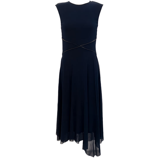 Fuzzi Navy Blue Sleeveless Dress with Black Leather Trim