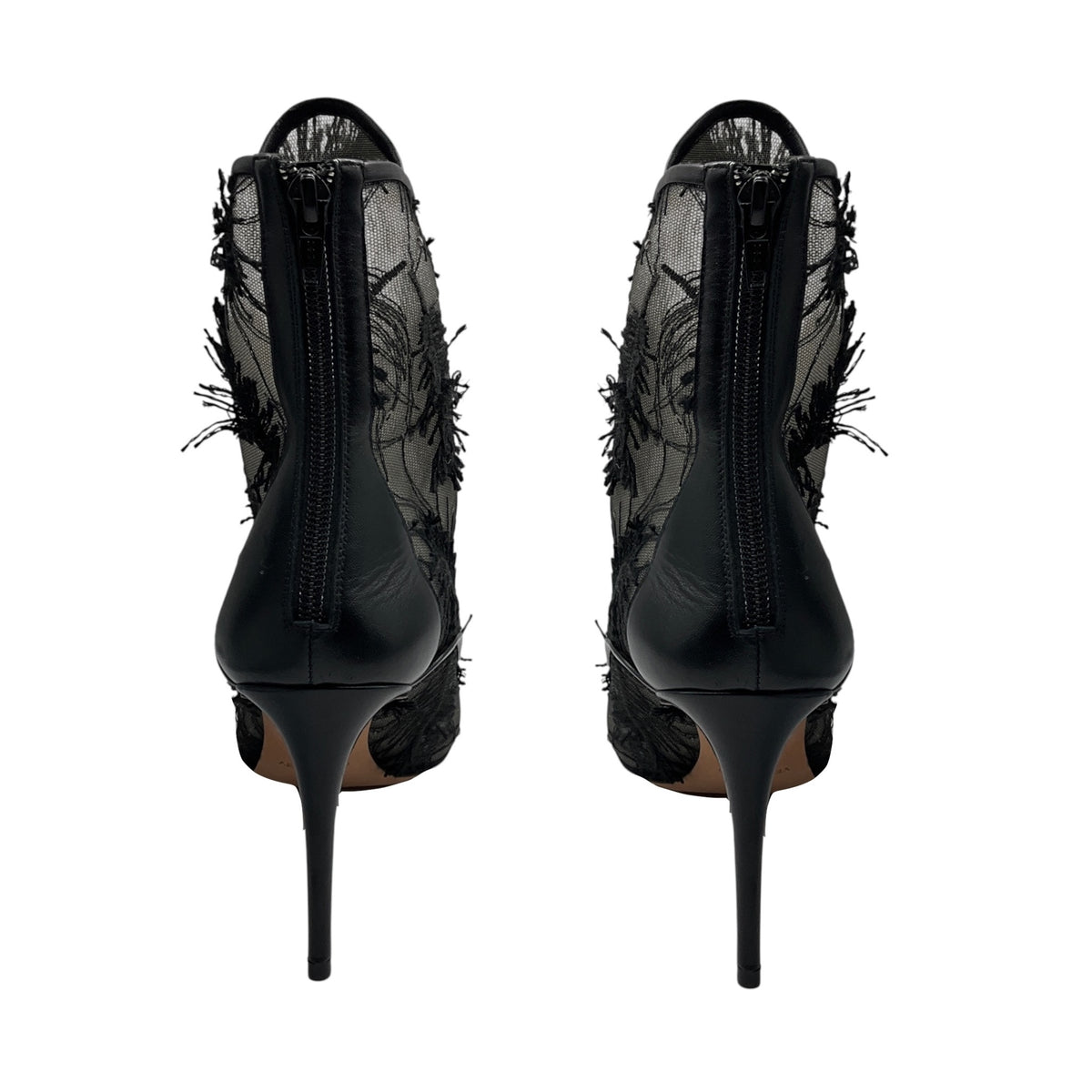 Zac Posen Black Sequined and Embroidered Mesh Tulle Lace Ankle Boots with Leather Trim