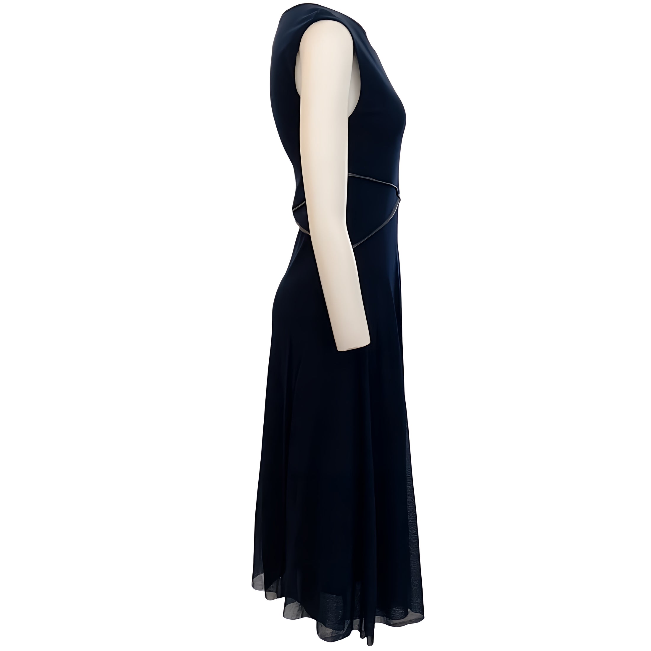 Fuzzi Navy Blue Sleeveless Dress with Black Leather Trim