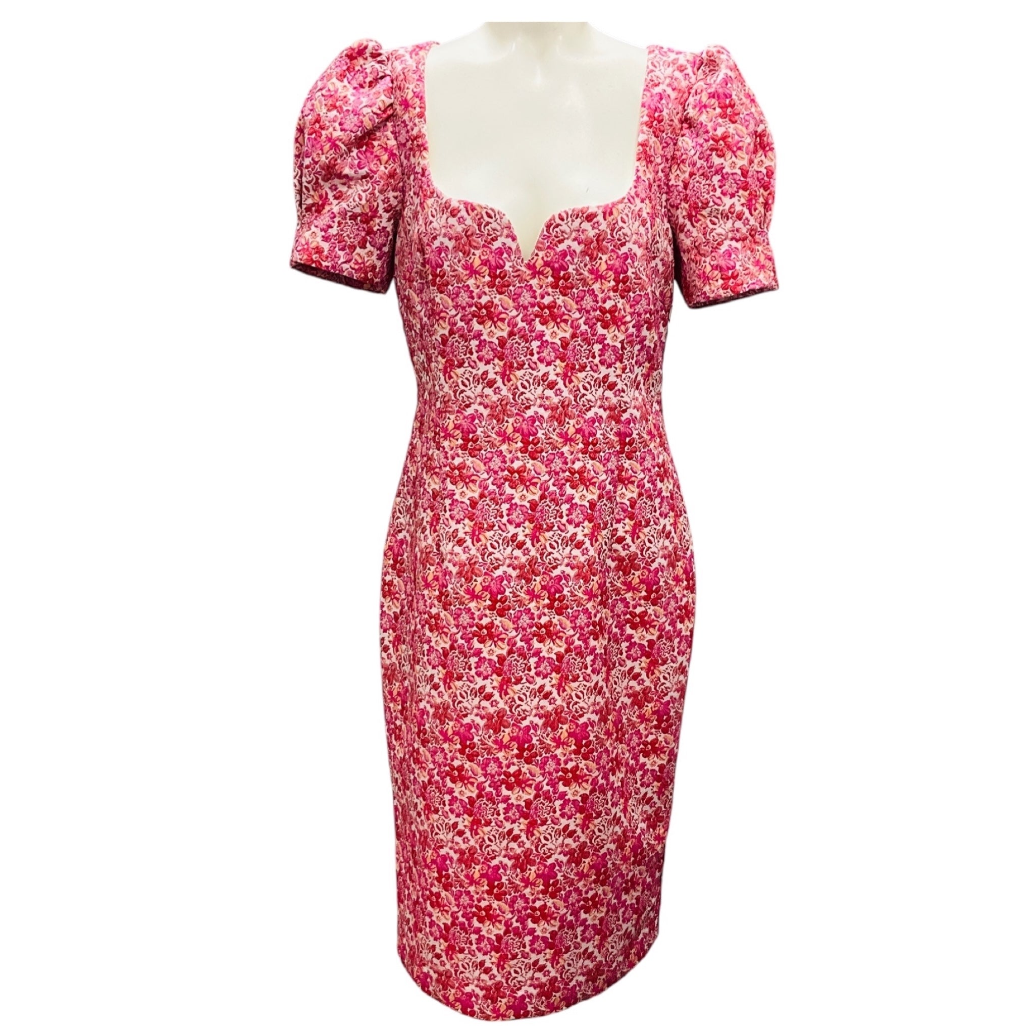 Rebecca Vallance Pink Short Sleeved Jacquard Midi Cocktail Dress