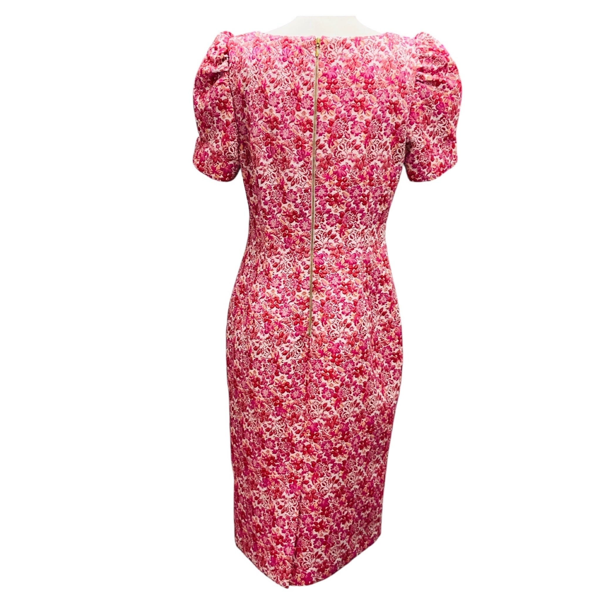 Rebecca Vallance Pink Short Sleeved Jacquard Midi Cocktail Dress