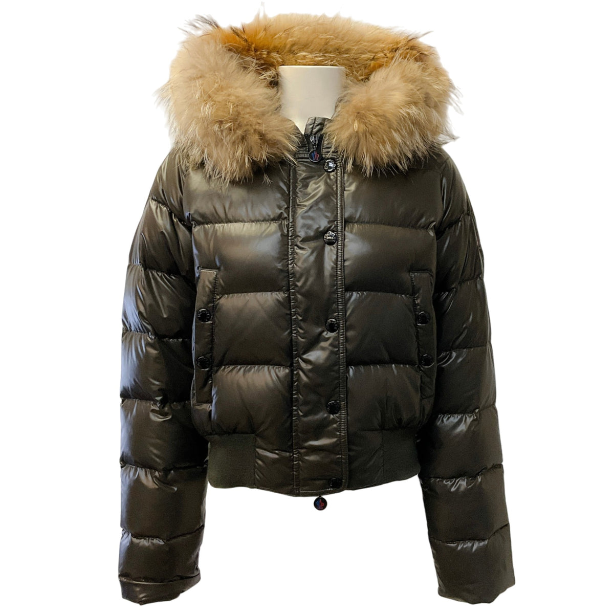 Moncler Olive Glossy Puffer Jacket with Racoon Trimmed Hood
