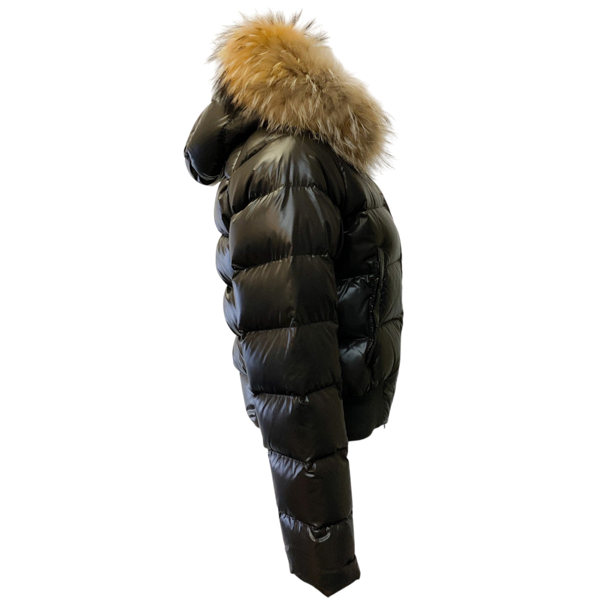 Moncler Olive Glossy Puffer Jacket with Racoon Trimmed Hood
