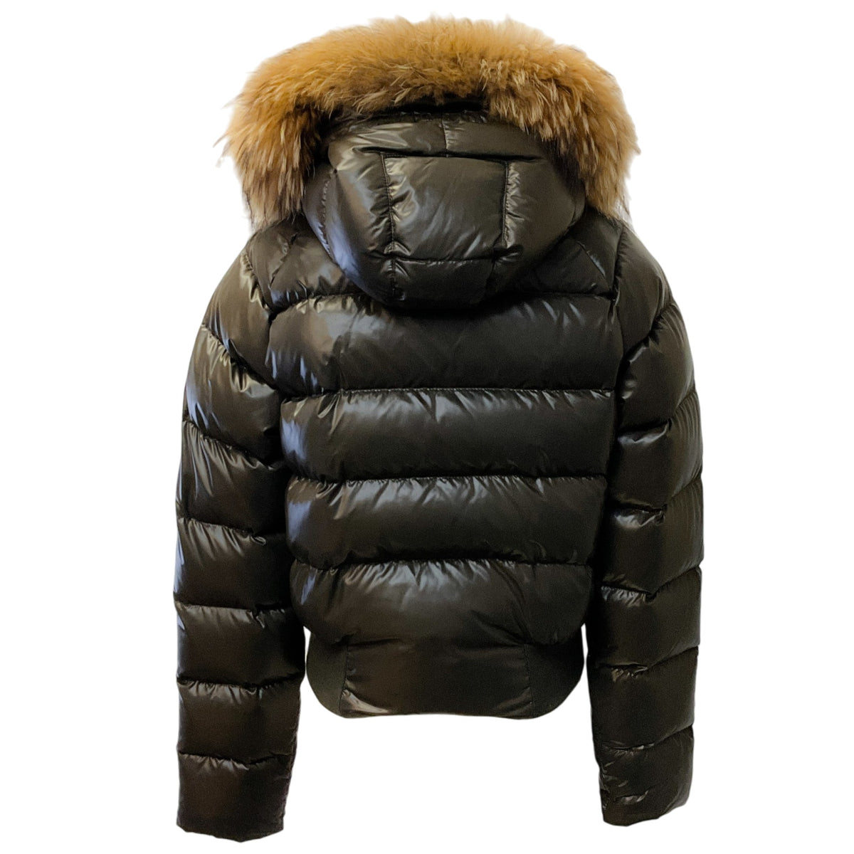Moncler Olive Glossy Puffer Jacket with Racoon Trimmed Hood
