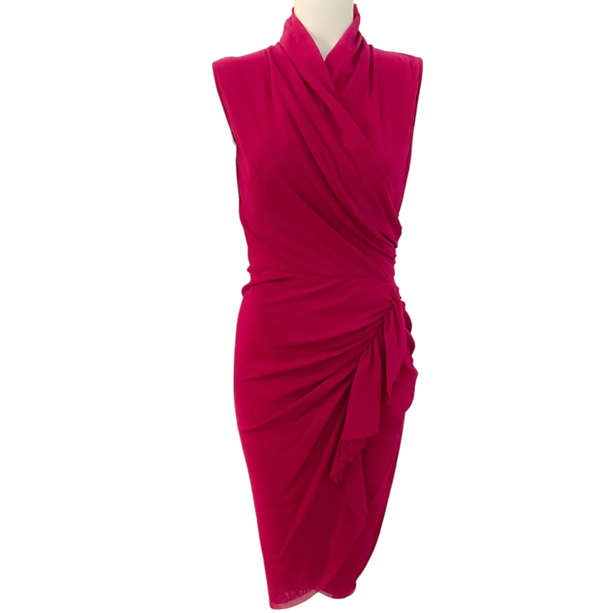 Fuzzi Magenta Ruched V Neck Sleeveless Dress