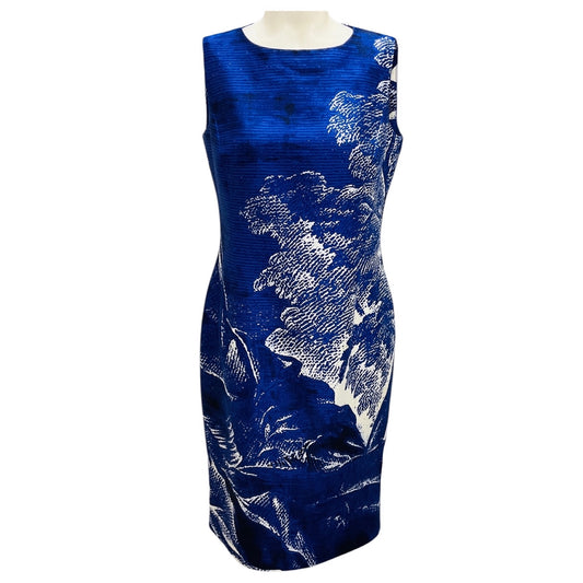 Oscar de la Renta Blue / White Printed Sleeveless Silk Dress with Shawl