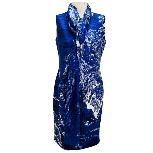Oscar de la Renta Blue / White Printed Sleeveless Silk Dress with Shawl