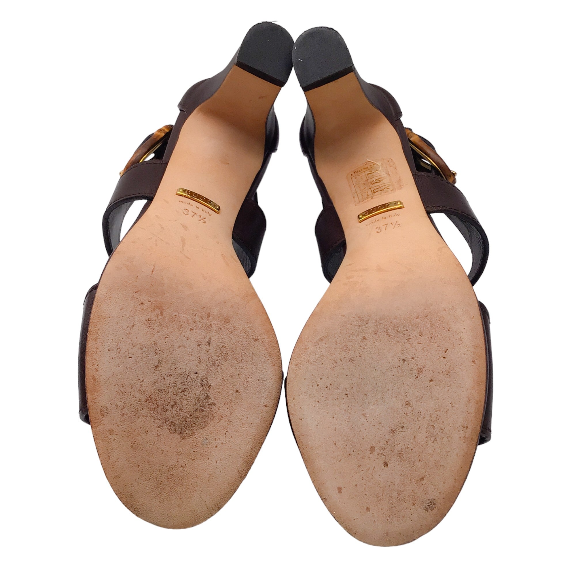 Gucci Dark Brown Lifford Open Toe Bamboo Buckle Mid-Heel Leather Sandals