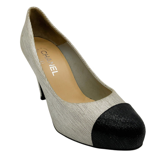 Chanel Textured Silver Metallic Pumps with Black Cap Toe
