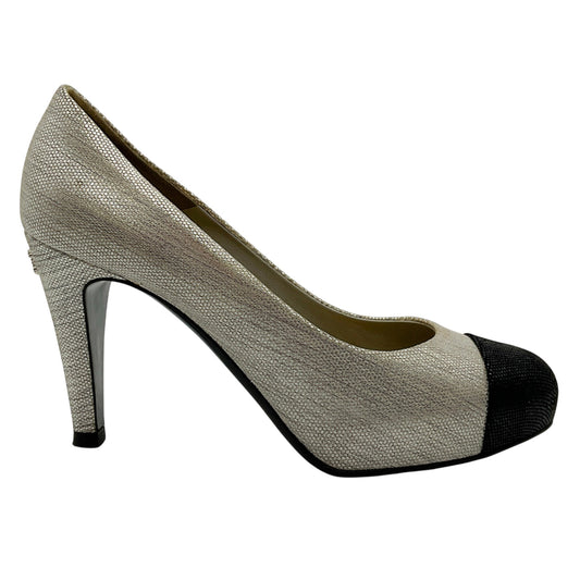 Chanel Textured Silver Metallic Pumps with Black Cap Toe