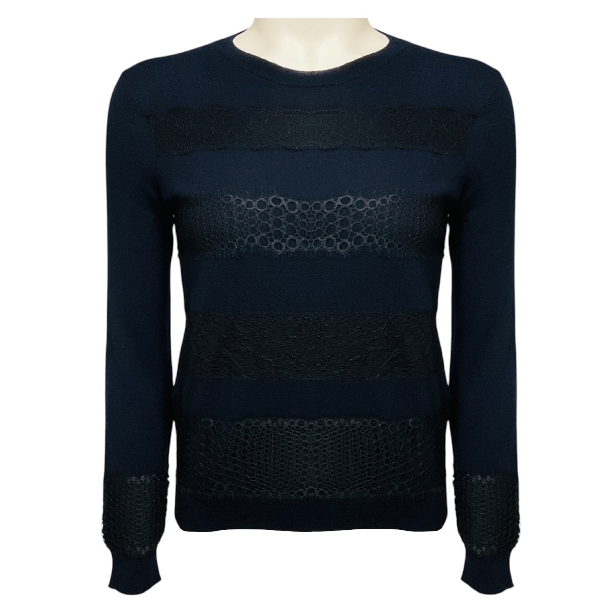 Giambattista Valli Navy Blue Lace Trimmed Cashmere Knit Pullover Sweater