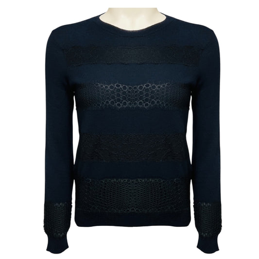 Giambattista Valli Navy Blue Lace Trimmed Cashmere Knit Pullover Sweater