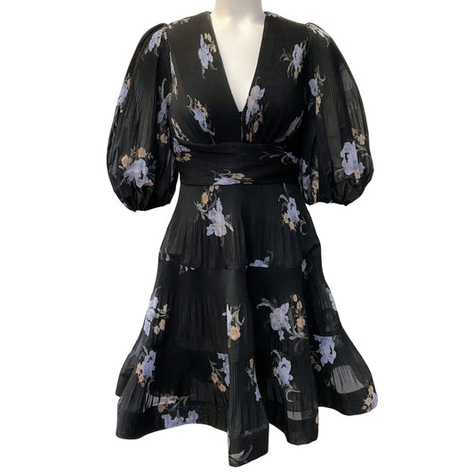 Zimmermann Black Iris Floral Print Pleated Mini Dress