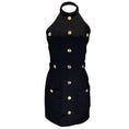 Load image into Gallery viewer, Balmain Black / Gold Button Detail Fitted Stretch Knit Halter Mini Dress
