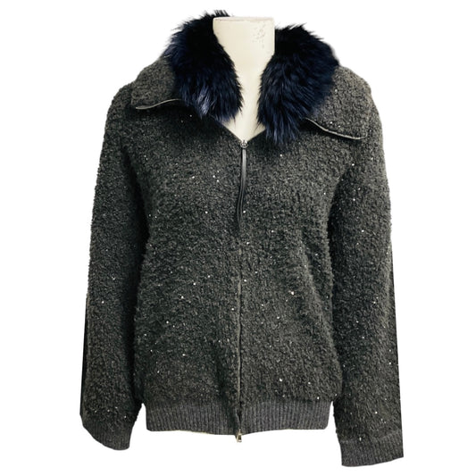 Fabiana Filippi Charcoal Grey Sequined Zip Front Sweater with Blue Fox Fur Collar