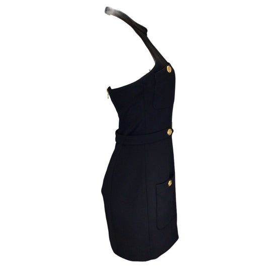 Balmain Black / Gold Button Detail Fitted Stretch Knit Halter Mini Dress