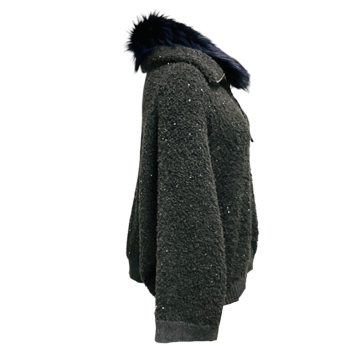 Fabiana Filippi Charcoal Grey Sequined Zip Front Sweater with Blue Fox Fur Collar