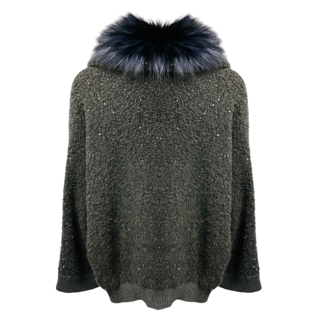 Fabiana Filippi Charcoal Grey Sequined Zip Front Sweater with Blue Fox Fur Collar