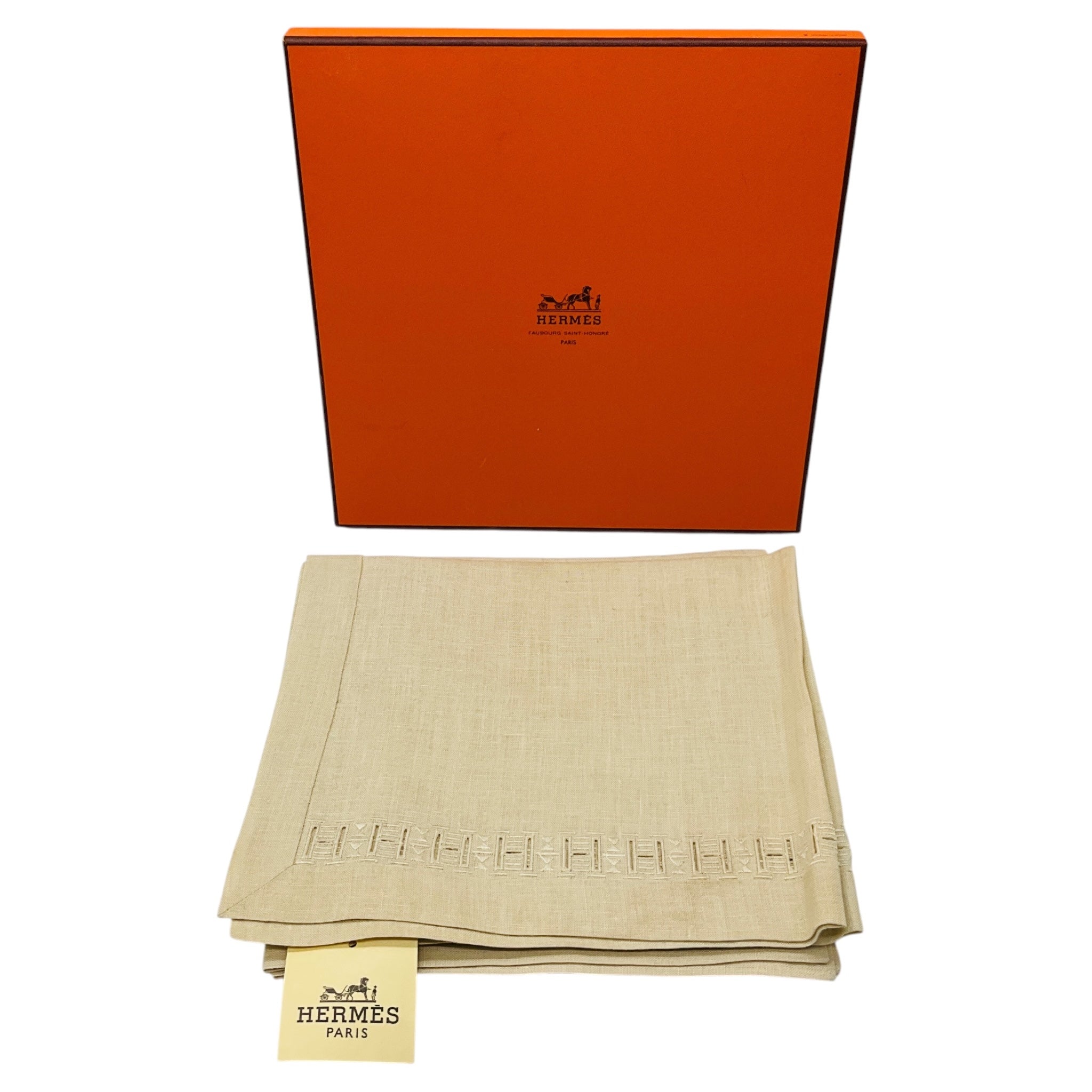 Hermes Beige H Embroidered Linen Napkins with Box (Assortment / Set of 2)