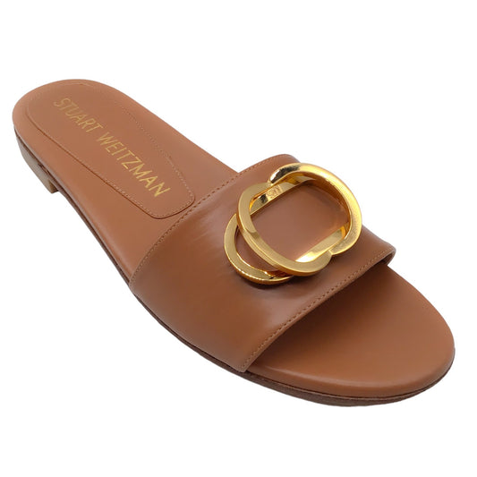 Stuart Weitzman Beige / Gold Hardware Flat Leather Slide Sandals