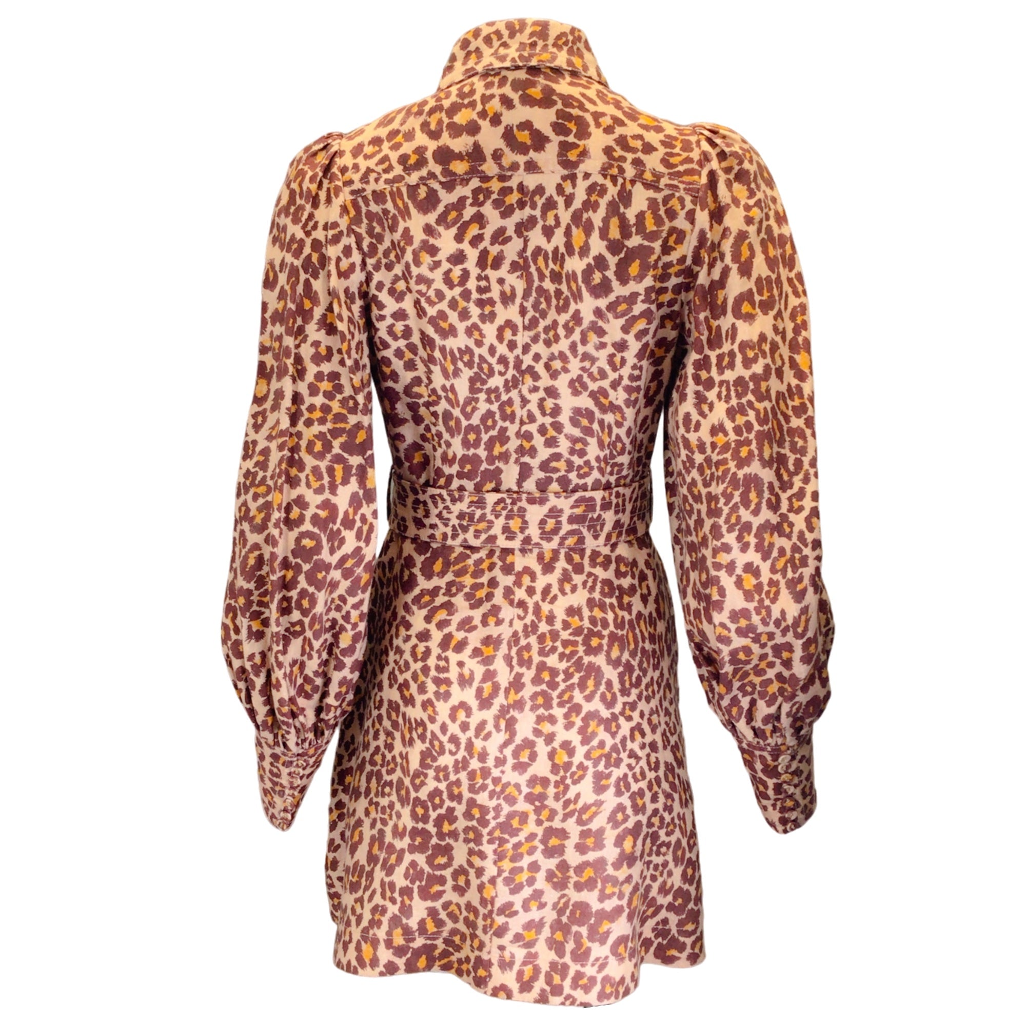Zimmermann Brown Multi Leopard Printed Belted Long Sleeved Linen Mini Dress