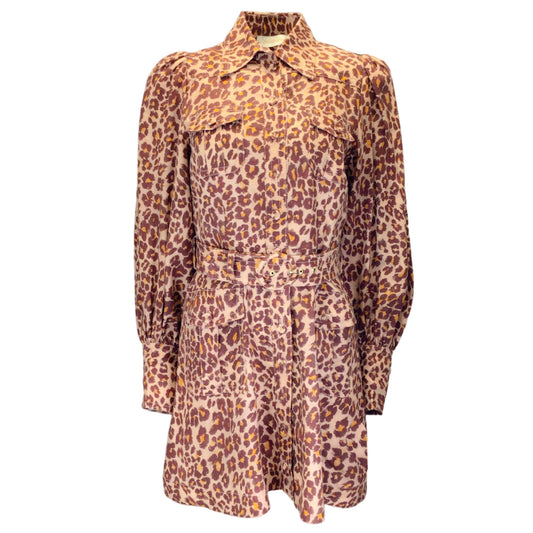 Zimmermann Brown Multi Leopard Printed Belted Long Sleeved Linen Mini Dress