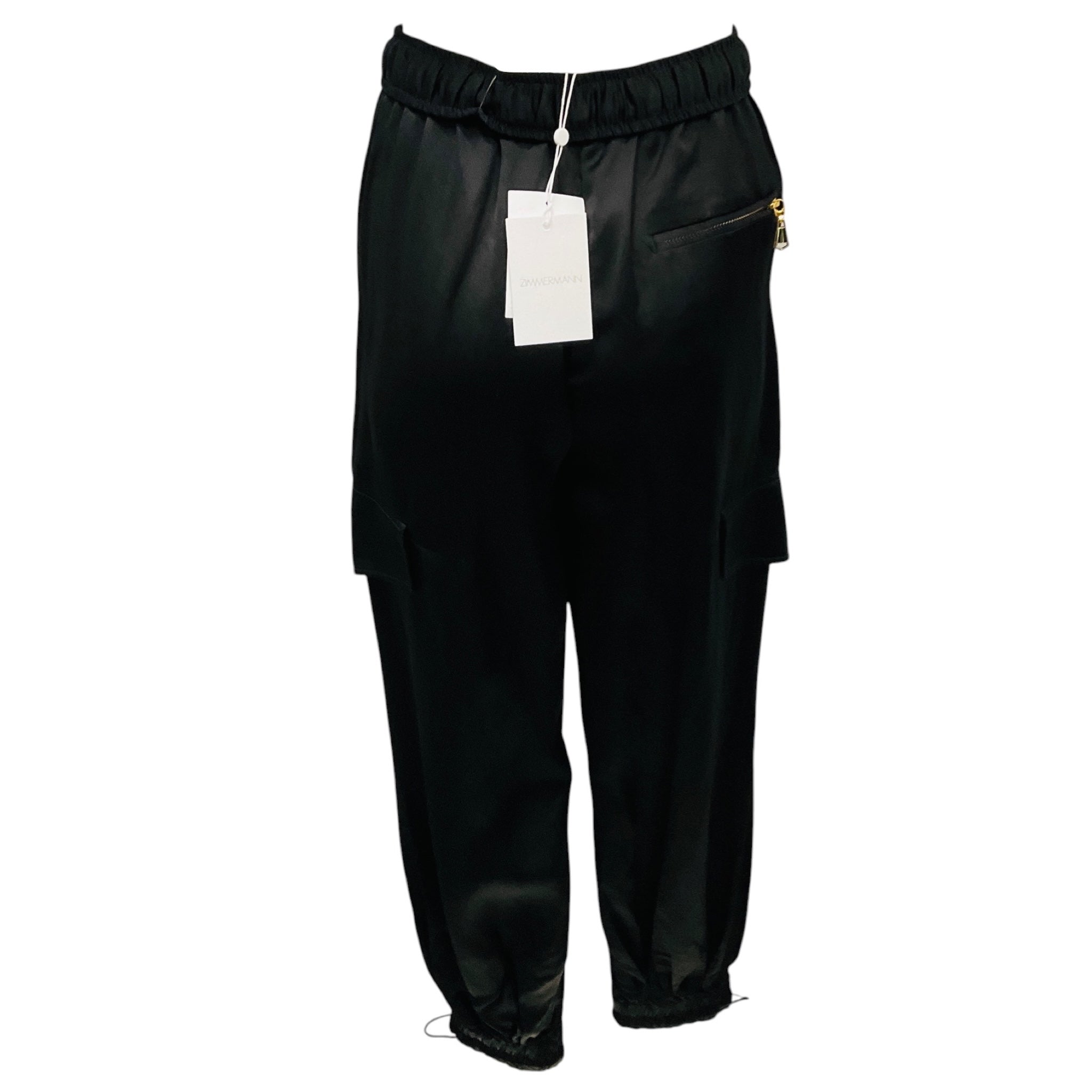 Zimmermann Black Wonderland Satin Harem Drawstring Cargo Pant
