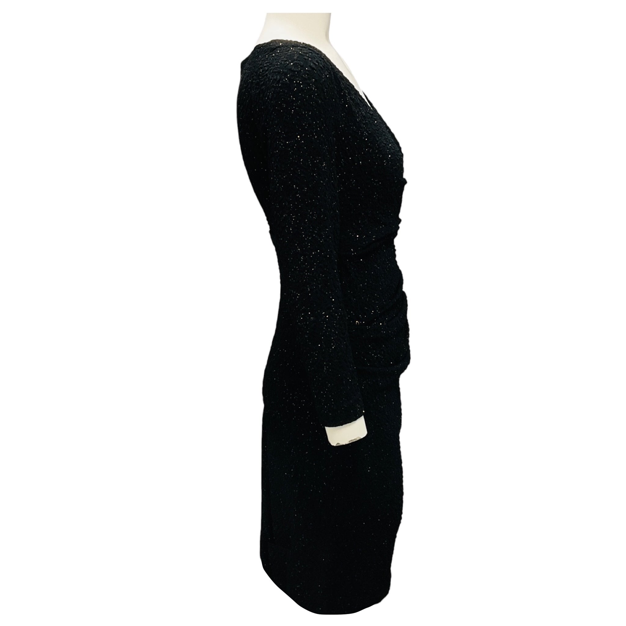 Talbot Runhof Black Glitter Long Sleeved V-Neck Cocktail Dress