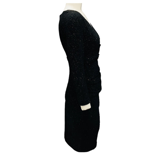 Talbot Runhof Black Glitter Long Sleeved V-Neck Cocktail Dress