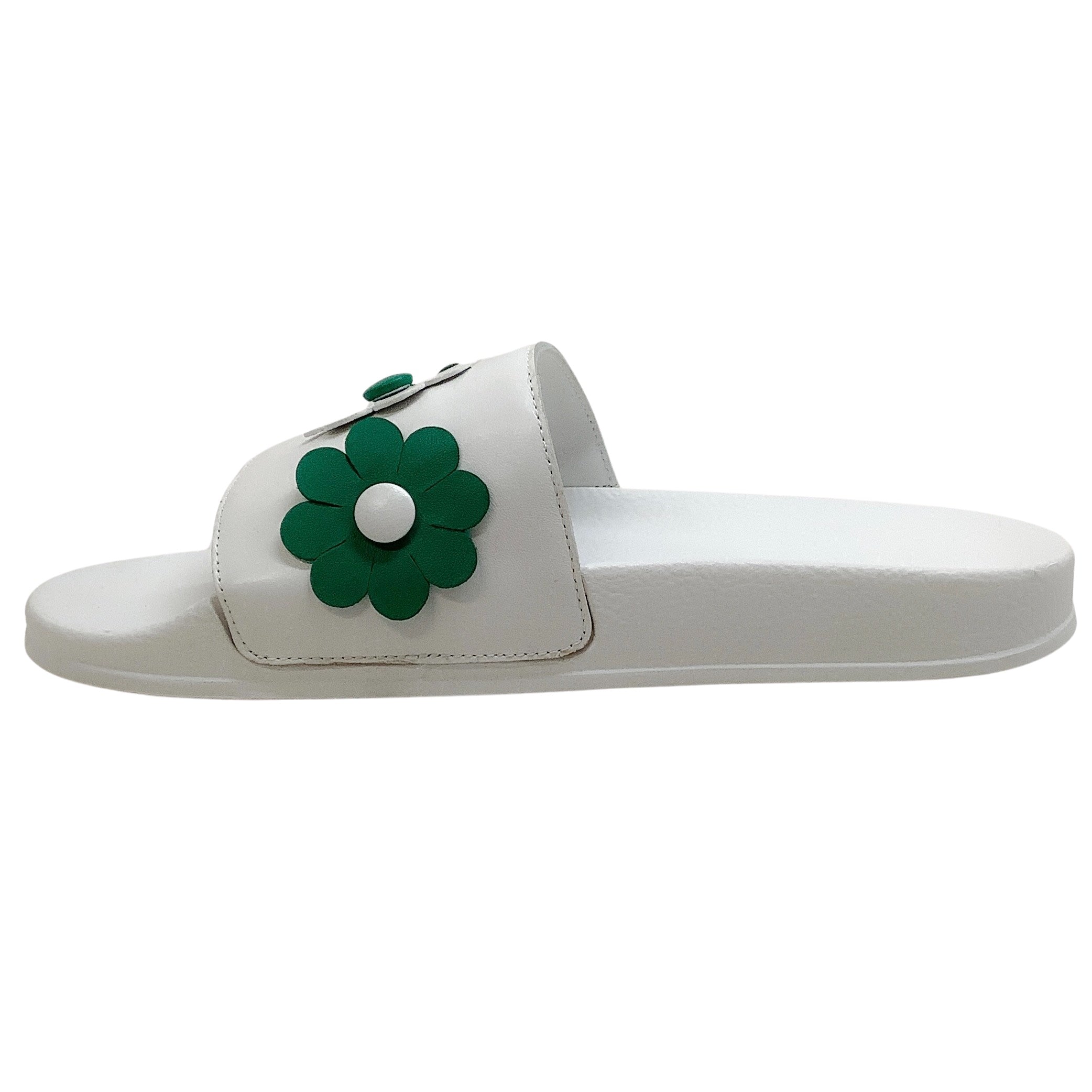 Vivetta White Leather Slide Sandals with Green Flowers