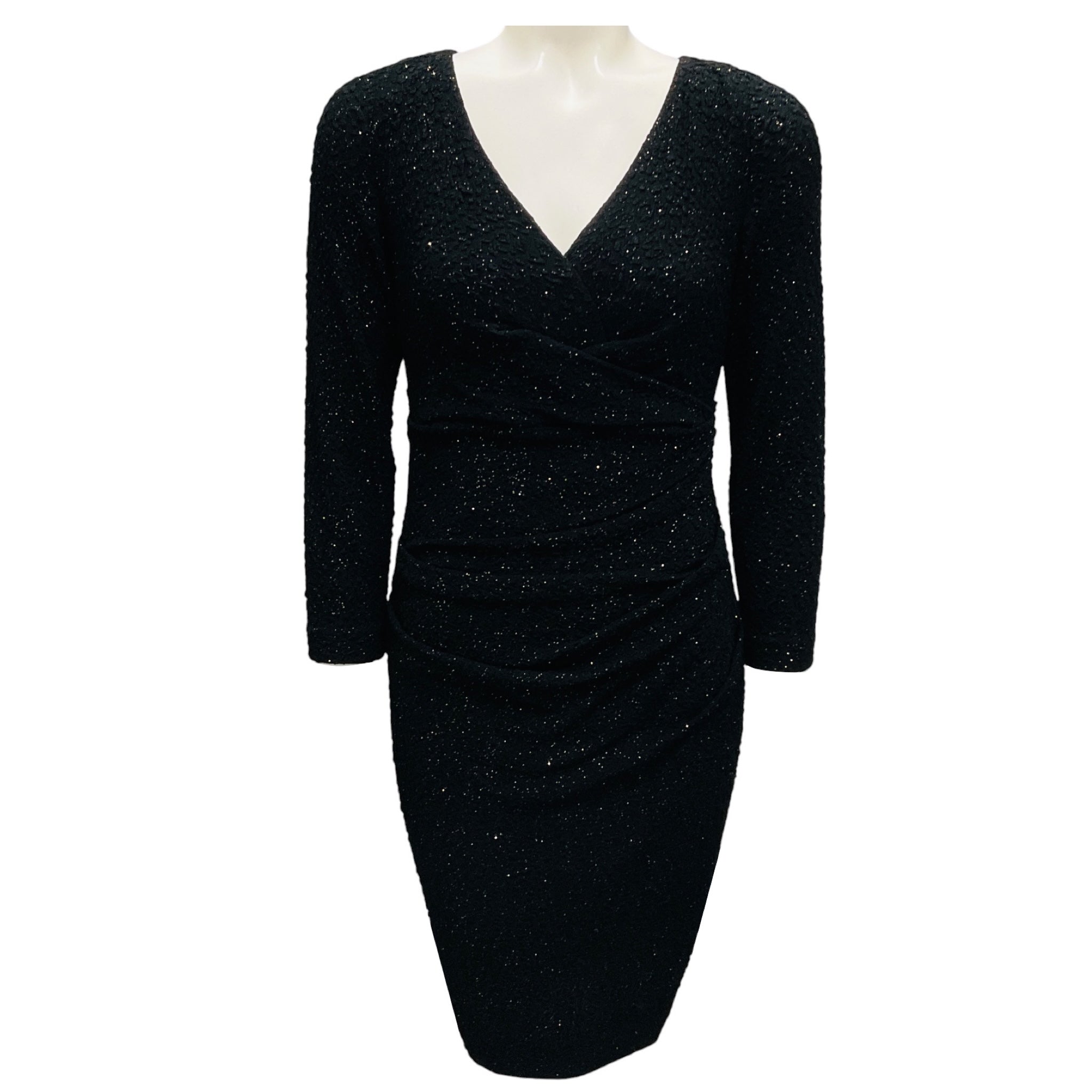 Talbot Runhof Black Glitter Long Sleeved V-Neck Cocktail Dress