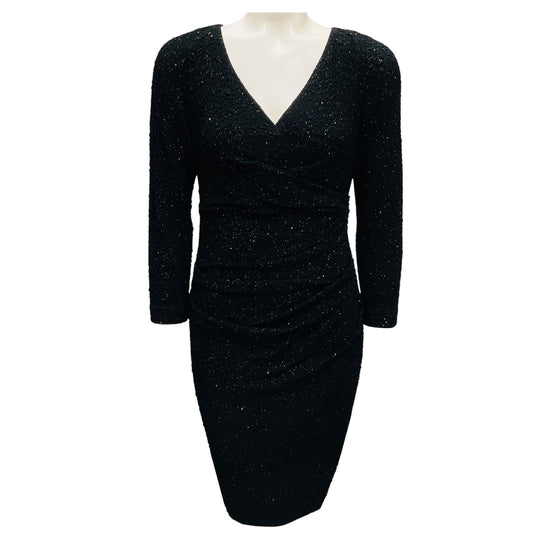 Talbot Runhof Black Glitter Long Sleeved V-Neck Cocktail Dress