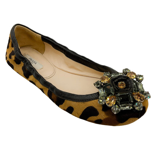 Prada Leopard Print Calf Hair Ballet Flats with Crystal Embellishments
