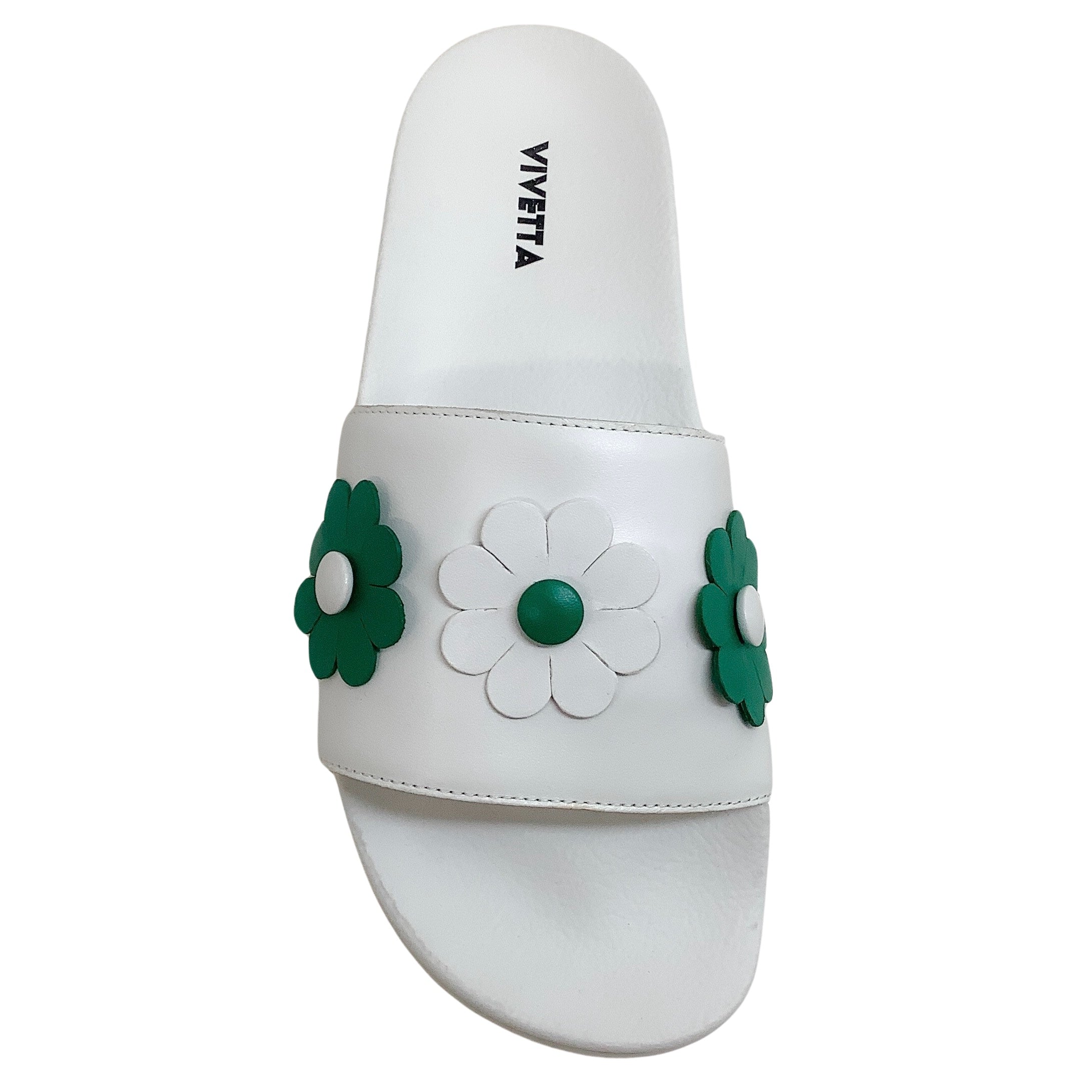 Vivetta White Leather Slide Sandals with Green Flowers