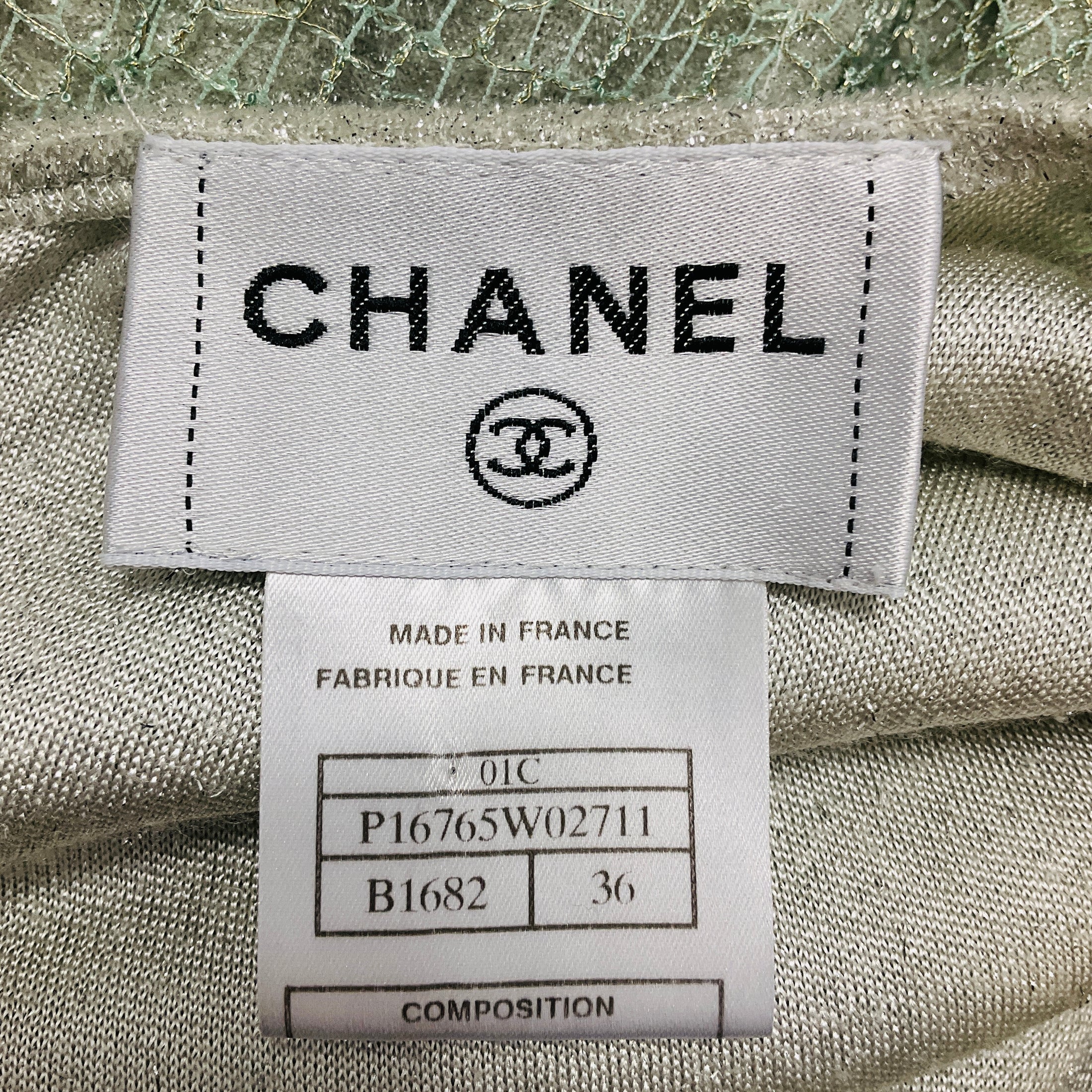 Chanel RARE Vintage 2001 Pale Mint Green / Silver Metallic Gown with Fishnet Trim and Three Camellia Flower Leather Brooches