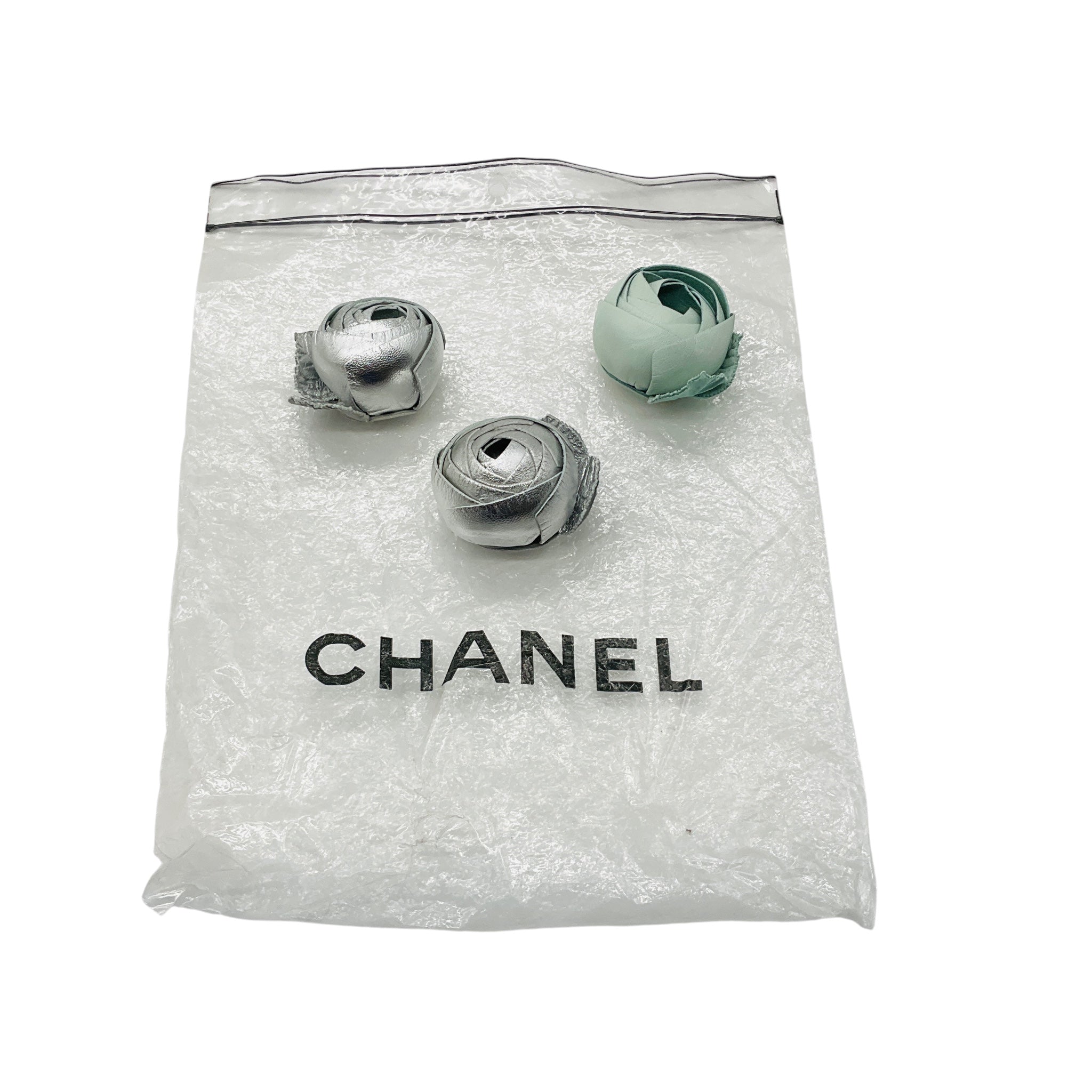 Chanel RARE Vintage 2001 Pale Mint Green / Silver Metallic Gown with Fishnet Trim and Three Camellia Flower Leather Brooches