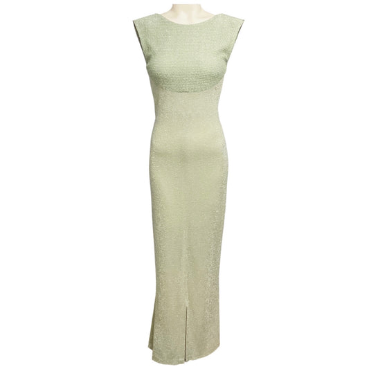 Chanel RARE Vintage 2001 Pale Mint Green / Silver Metallic Gown with Fishnet Trim and Three Camellia Flower Leather Brooches