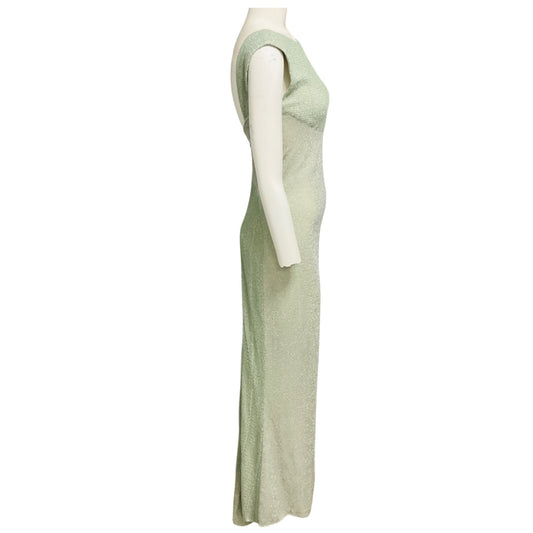 Chanel RARE Vintage 2001 Pale Mint Green / Silver Metallic Gown with Fishnet Trim and Three Camellia Flower Leather Brooches