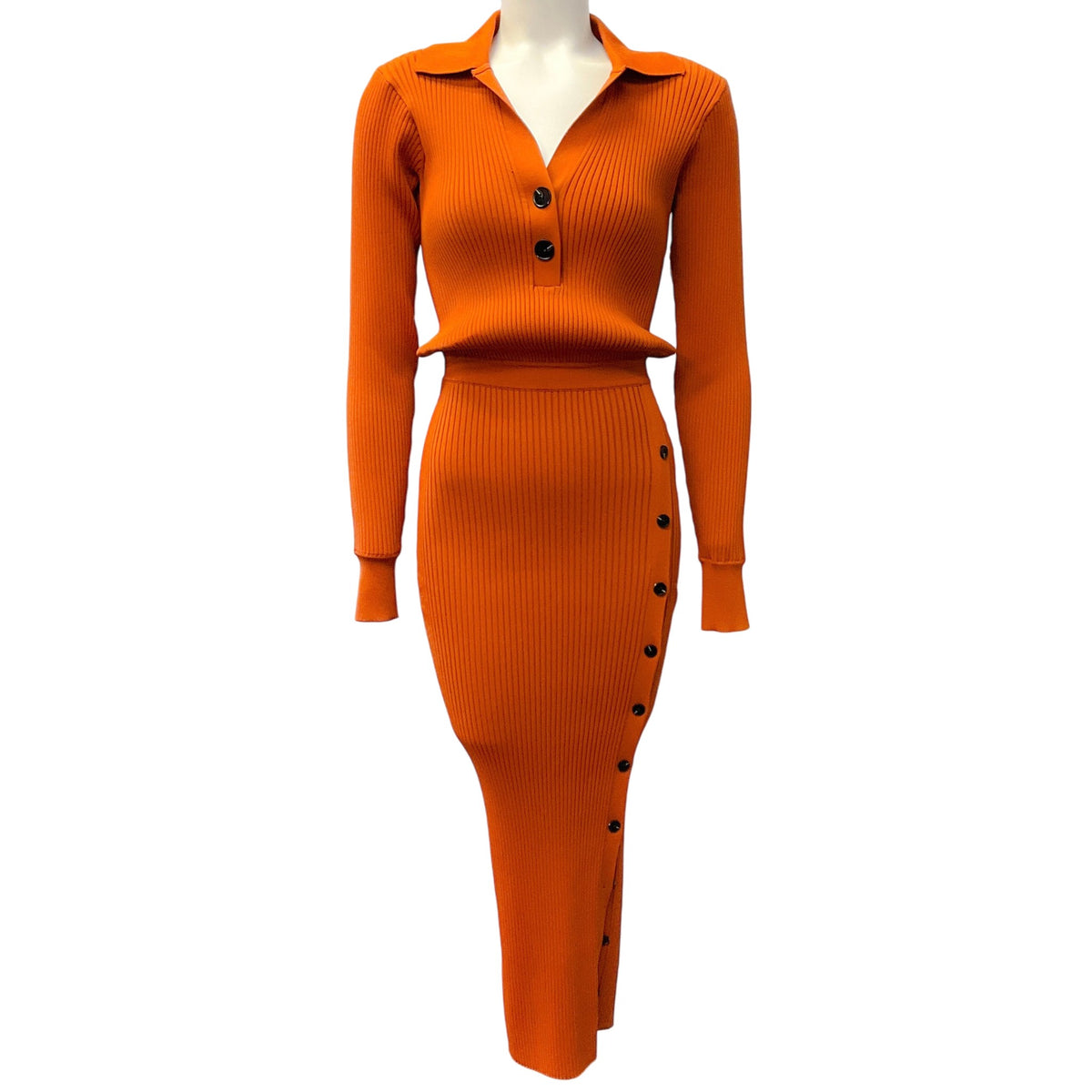 Self-Portrait Orange Ribbed Midi Dress with Buttons

