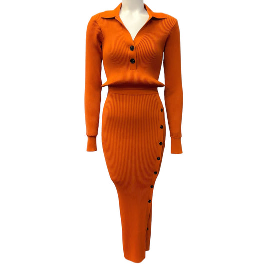 Self-Portrait Orange Ribbed Midi Dress with Buttons
