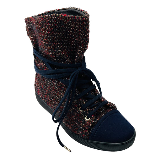 Chanel Navy / Red CC Logo Tweed Ankle Boots