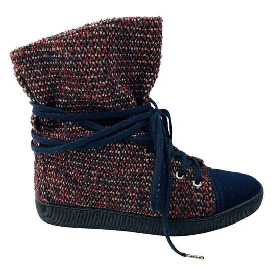 Chanel Navy / Red CC Logo Tweed Ankle Boots
