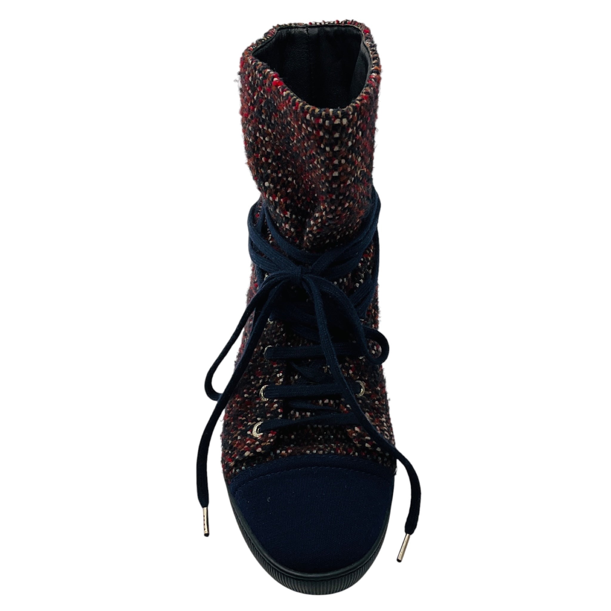 Chanel Navy / Red CC Logo Tweed Ankle Boots