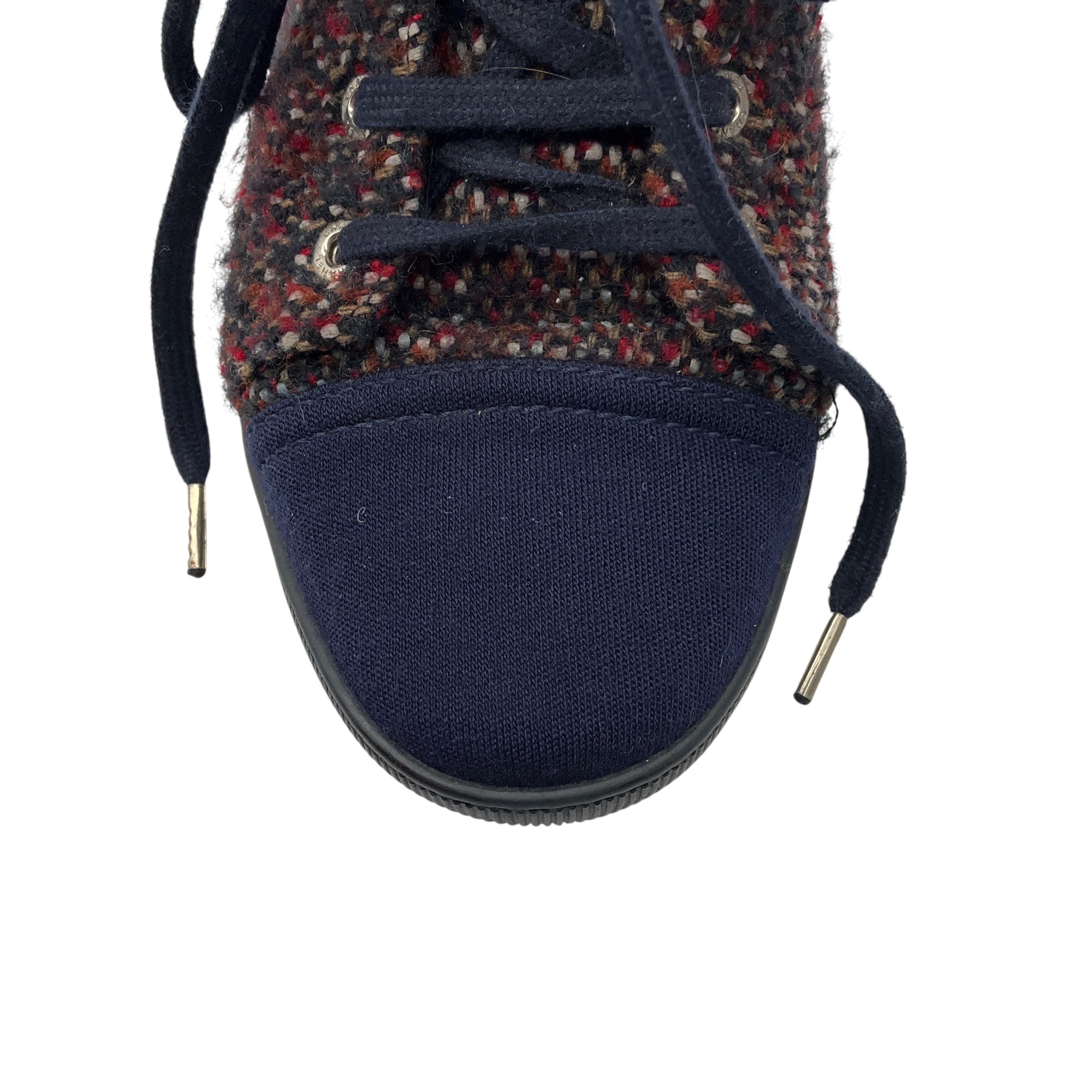 Chanel Navy / Red CC Logo Tweed Ankle Boots